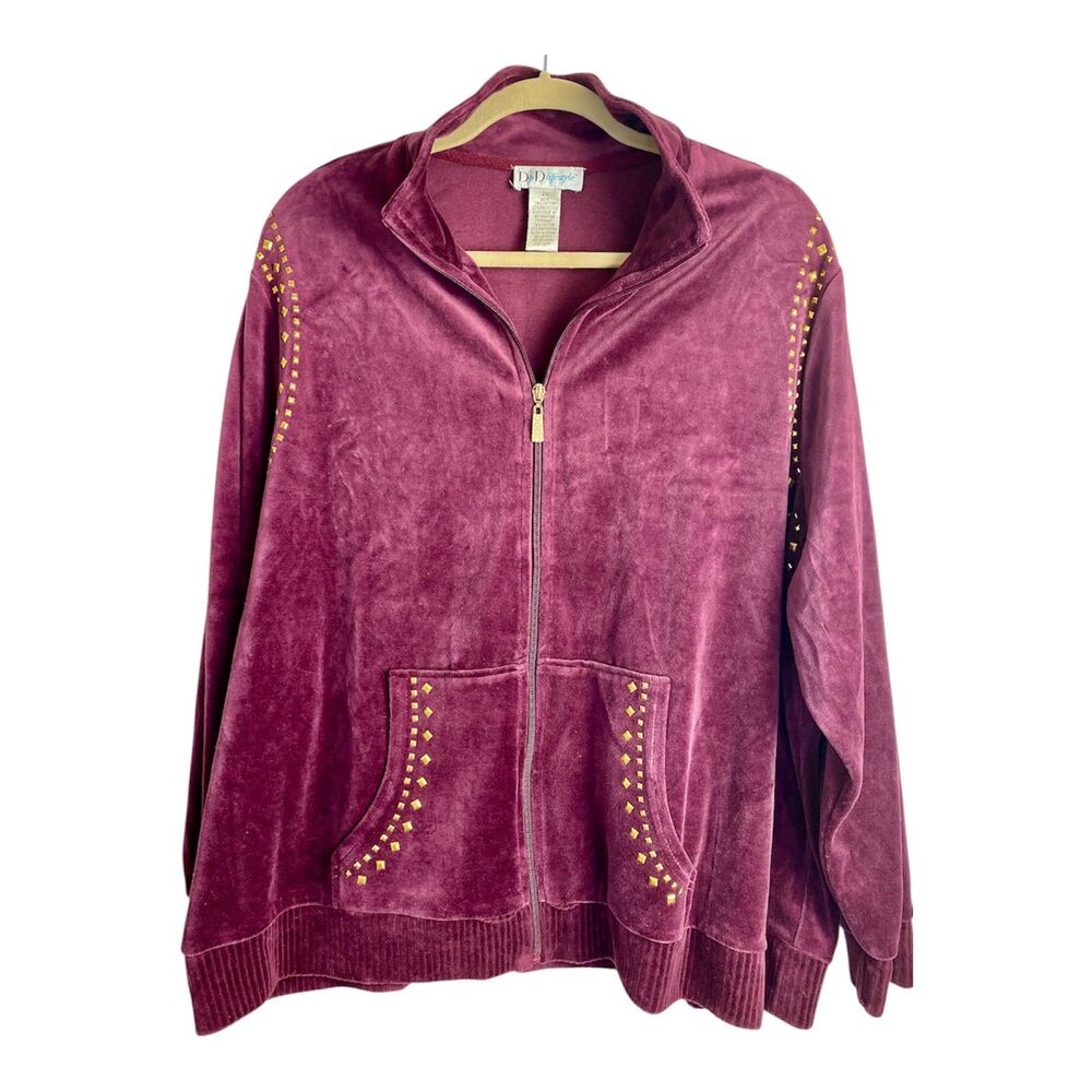 D&D Lifestyle Velour Jacket 2X Plus Plum Studded Zip Up Y2K Athleisure Soft Goth